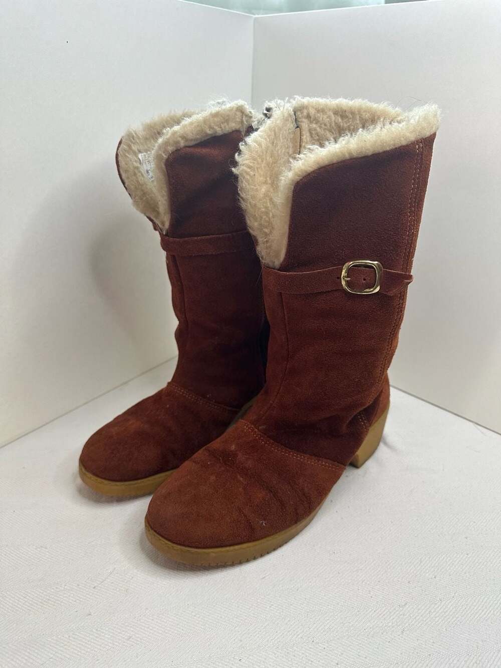 Vintage Bongo Brown Suede Platform Wedge Winter Boots with Faux Fur Lining